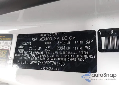 2024 Kia Forte Lxs z USA, uszkodzony, nr VIN 3KPF24AD8RE781755